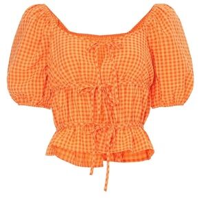 Louna Orange‎ Gingham Front Tie Puff Sleeve Top Size Small
